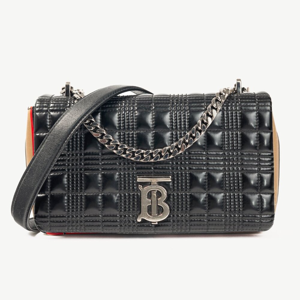 Burberry Lola Small Black Quilted Leather Icon-Stripe Shoulder Bag